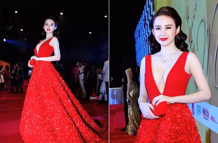 Nữ diễn viên cũng đầu tư váy áo với chiếc đầm cầu kỳ trị giá 400 triệu đồng. Angela Phương Trinh cũng mạnh tay đầu tư phụ kiện đi kèm. Bông tai và nhẫn ruby của cô được thiết kế ton-sur-ton với bộ váy hoa hồng có giá khoảng 5.000 USD.