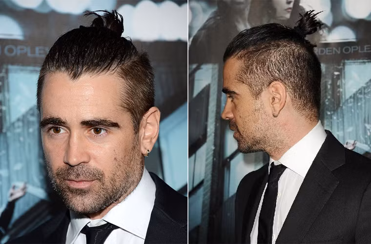 Nam tài tử Colin Farrell gây ấn tượng với kiểu tóc một chỏm phía trên đỉnh đầu đủ dài để búi tó, phía dưới được cạo 3 phân gọn gàng.