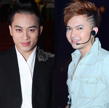 Hai nam ca sĩ Tùng Dương (trái) và Nam Cường đọ sắc.