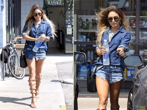 Vanessa Hudgens cực "chất" với bộ denim phía dưới là quần short te tua, phía trên là áo dài tay kết hợp với đôi sandal kiểu đấu sỹ.