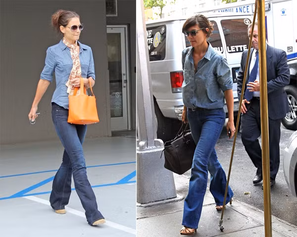 Quần jeans ống vẩy, áo đồng chất nhưng nhạt màu, Katie Holmes trông cao và đẹp hơn nhờ style này.