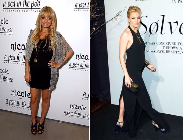 Sienna Miller (phải) và Nicole Richie đều mạo hiểm leo lên đôi giày cao gót đi dự sự kiện dù cả hai đều ộ ệ bụng bầu.