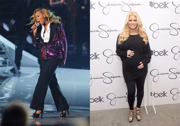 Jessica Simpson rạng rỡ trong một sự kiện ra mắt sản phẩm Jessica Simpson Girls tháng 11/2011, khi cô đang mang thai con gái đầu lòng. Beyonce gây chú ý trên sân khấu VMA 2011 khi cô thông báo mang thai nhưng vẫn đi sandal cao gót và biểu diễn rất sung.