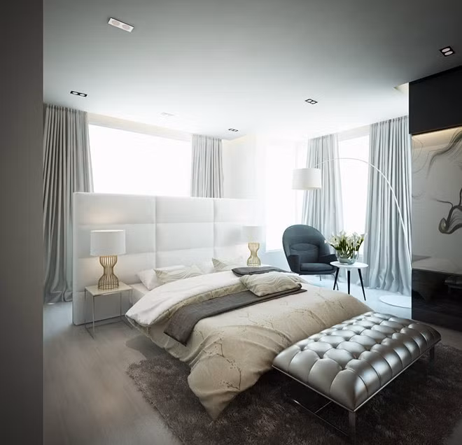 Tông màu chủ đạo được vợ chồng Thủy Tiên chọn để trang trí cho biệt thự là màu đen trắng. Phòng ngủ sang trọng và ấm cúng của Thủy Tiên - Công Vinh