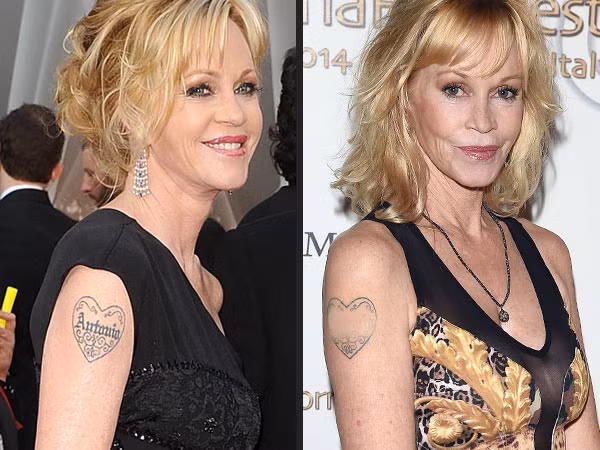 Ngôi sao Hollywood Melanie Griffith xăm tên chồng yêu, nam diễn viên Antonio Banderas vào giữa hình trái tim nhưng sau khi chia tay, ngôi sao 57 tuổi đã quyết định xóa hình xăm tên chồng mà chỉ để lại hình trái tim trên vai.