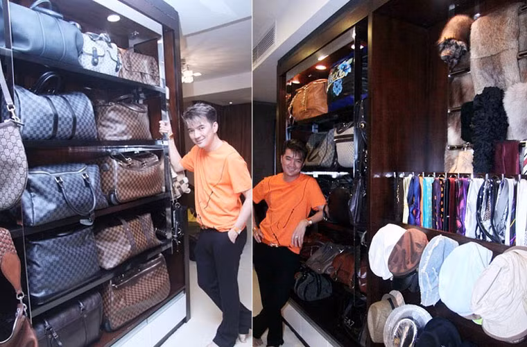 Một góc phòng để đồ của Đàm Vĩnh Hưng với vô số túi, vali, quần áo... hàng hiệu đắt tiền.