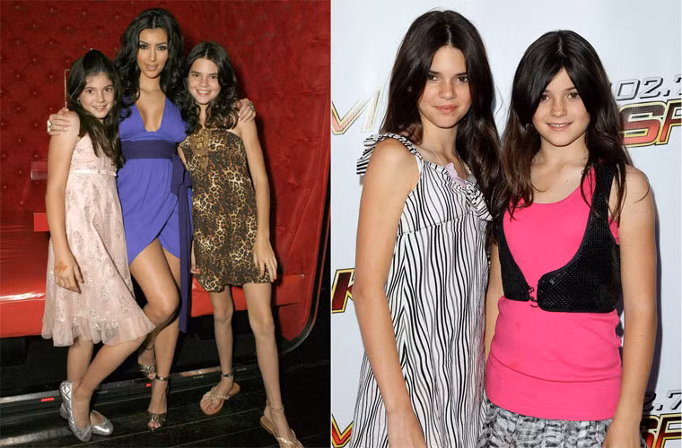 Kendall và em gái Kylie được chị gái cùng cha khác mẹ Kim Kardashian dắt đi dự một sự kiện. Cô bé Kendall 12 tuổi (trái) lúc đấy vẫn ốm nhách như cây sậy. Một năm sau, Kendall đã lớn bổng lên trông thấy và ra dáng thiếu nữ.