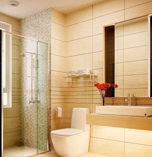 Phòng WC và phòng tắm lấy tông màu sáng làm chủ đạo.