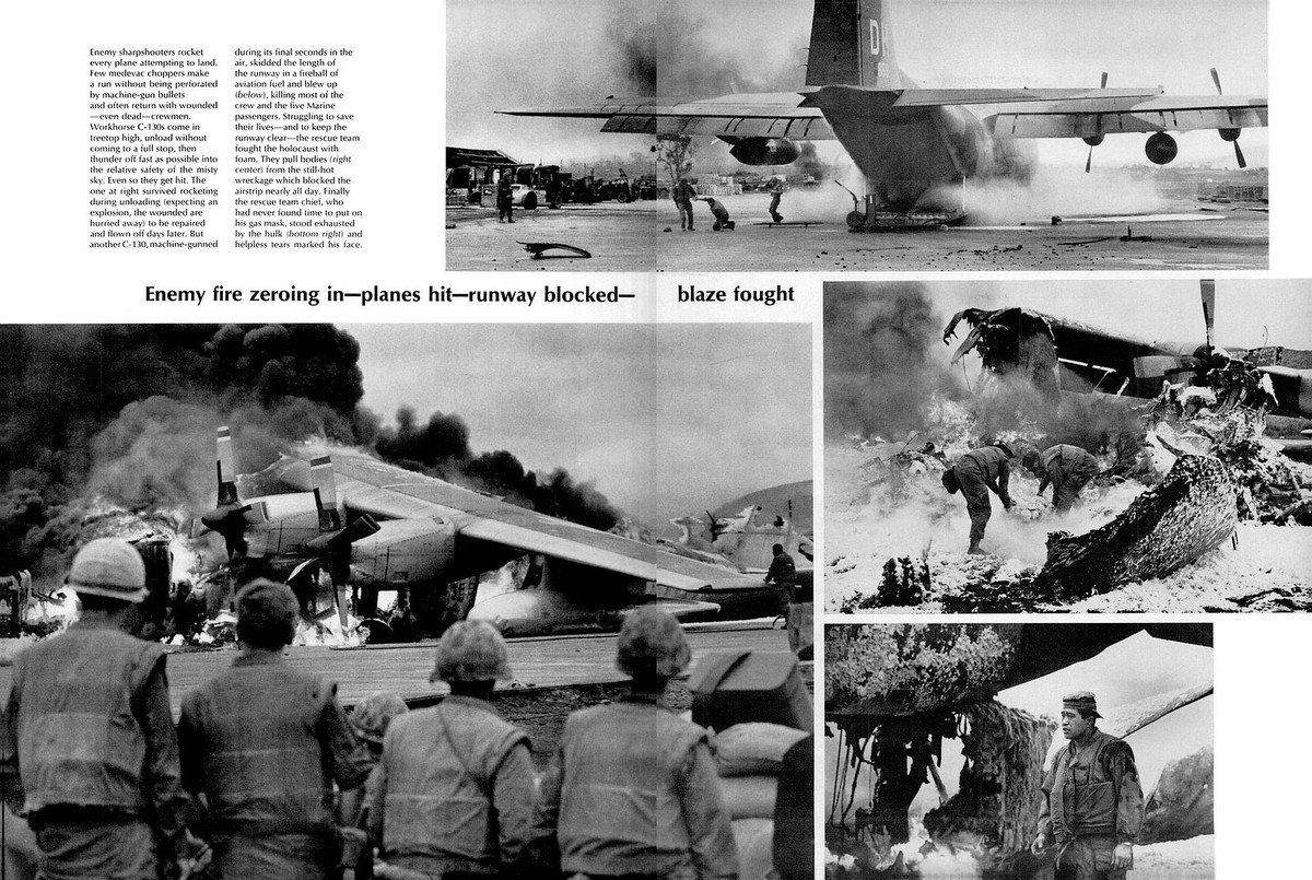 Cảnh tượng khủng khiếp khi những chiếc C-130 trúng đạn pháo và bốc cháy ở Khe Sanh đầu năm 1968, do phóng viên chiến trường David Douglas Duncan của tạp chí Life ghi lại.
