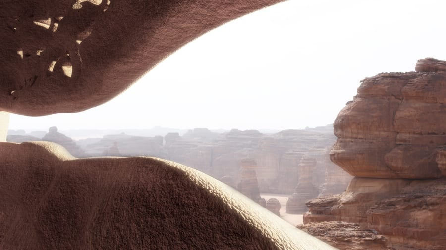 Tương phản với khoảng sân rộng, bao la và đẹp mắt bên ngoài là nội thất phong phú, sang trọng ở trong. Kiến trúc sư Nouvel cho biết công trình được lấy cảm hứng một phần từ Di sản Hegra gần đó. Di sản Thế giới này gần đây đã mở cửa cho công chúng tham quan.