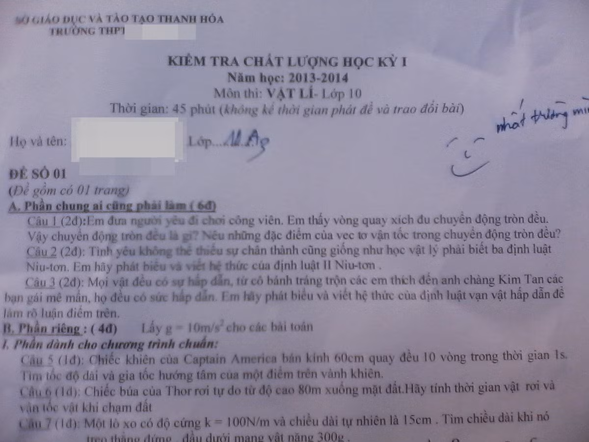 Đề thi Vật lí lớp 10 nhắc đến Kim Tan, hot girl bánh tráng trộn, Thor và Captain America được chia sẻ lên mạng gây nhiều sự chú ý.