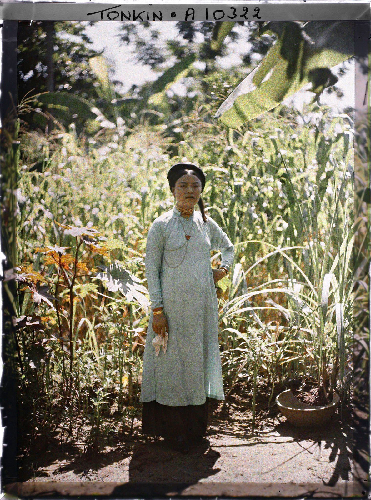 Bà vợ của Tây tạo dáng trước một bụi cây um tùm.