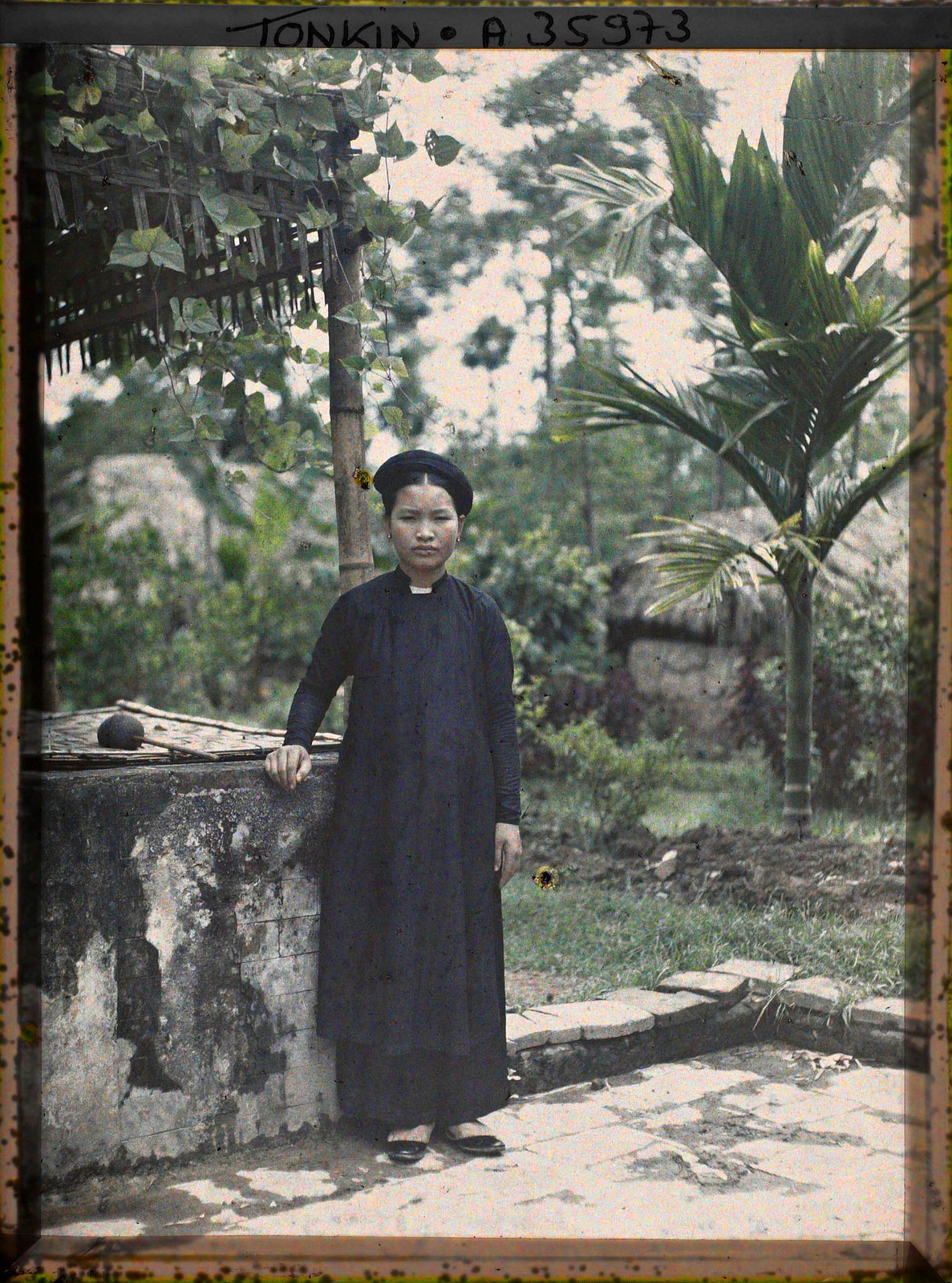 Cô gái con nhà giàu đứng bên bể nước, phía trên có giàn trầu không.