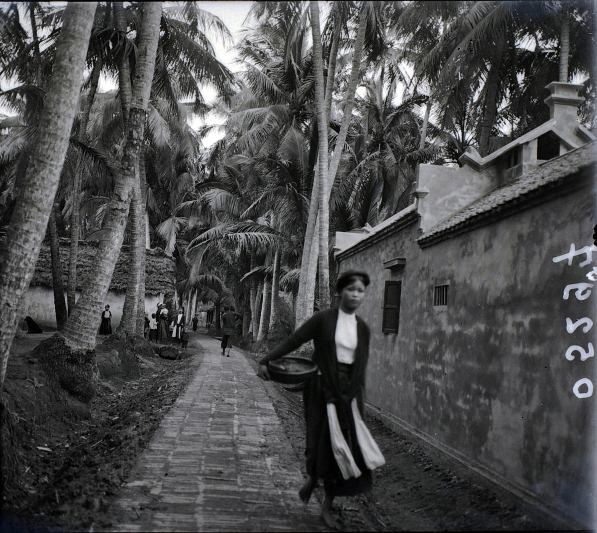 Cô thôn nữ bước trên đường làng.