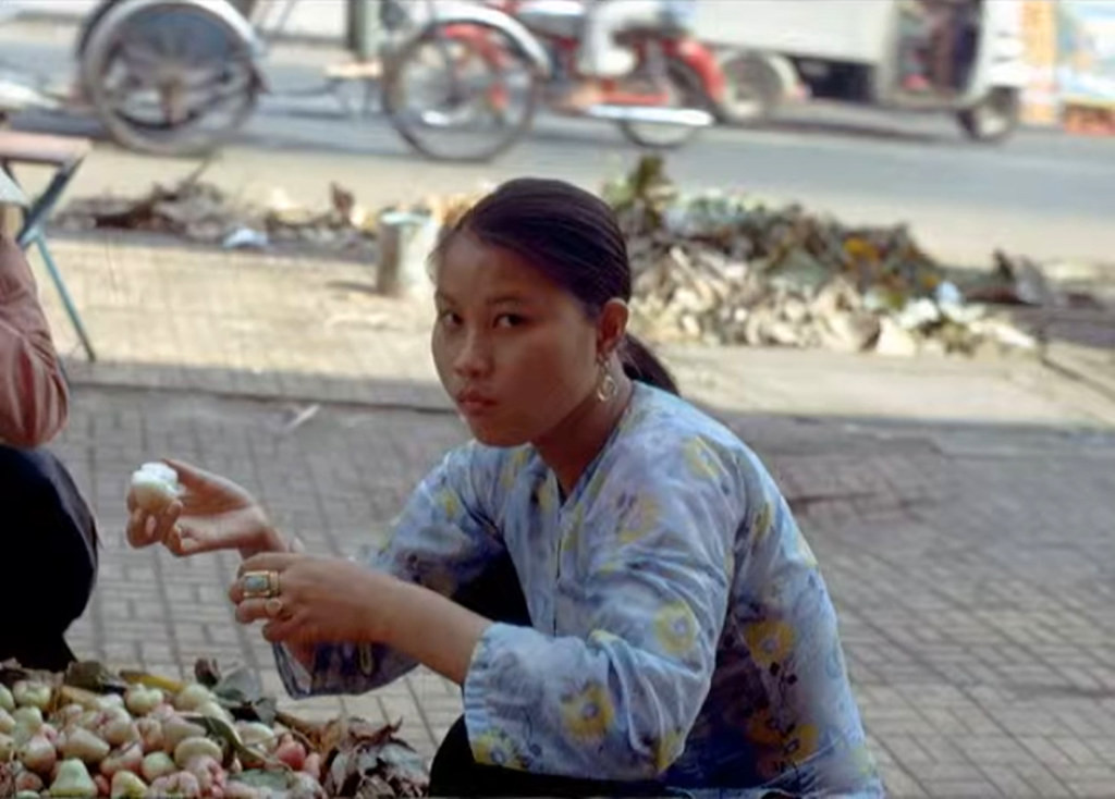 Một thiếu nữ ngồi lựa những trái mận (quả roi) trên vỉa hè.