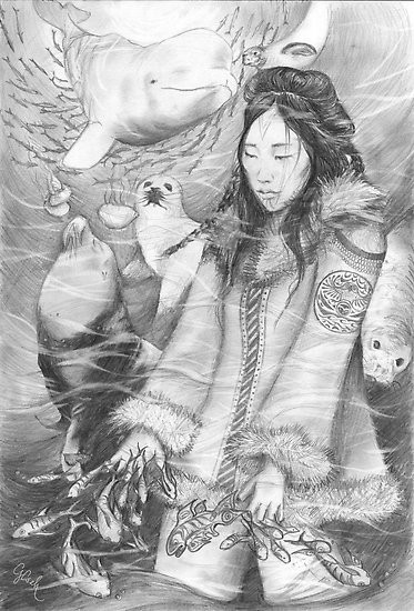 Sedna hay còn gọi Taleelayuk của người Inuit, là nữ thần biển cả và đất liền. Theo một truyền thuyết, nữ thần Sedna đã lấy một con chim cải trang trong hình hài của một người đàn ông. Sau đó, nữ thần chuyển đến sinh sống ở một hòn đảo với chồng. Khi biết chuyện, cha của Sedna đã chèo thuyền tới đảo cứu con gái. Khi đó, linh hồn của con chim kia đã vỗ cánh bay đi gây ra cơn bão lớn, khiến Sedna rơi xuống biển. Trong quá trình cứu con gái, những ngón tay của Sedna bị cắt biến thành cá voi, hải mã và các động vật khác.