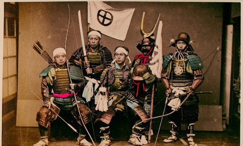 Một nhóm Samurai trong bộ áo giáp truyền thống cùng những vũ khí chiến đấu như cung tên, kiếm...