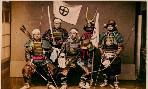 Một nhóm Samurai trong bộ áo giáp truyền thống cùng những vũ khí chiến đấu như cung tên, kiếm...