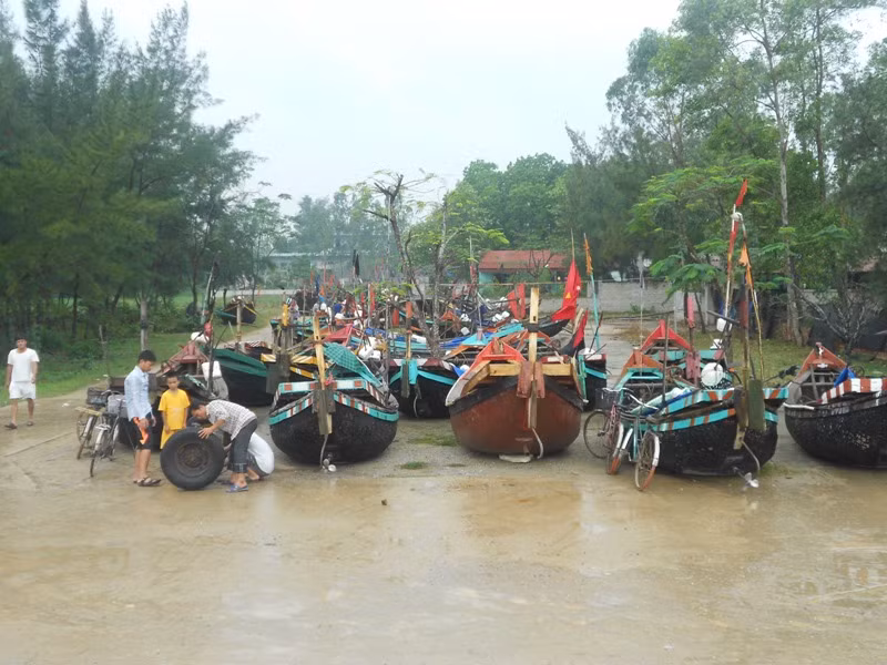 Sáng nay (10/11), ông Nguyễn Đức Quyền, Phó Chủ tịch UBND tỉnh cho biết, tỉnh đã quyết định di dời khẩn cấp 10.023 hộ với 44.620 người ở các vùng cách mép nước biển 200m thuộc 6 huyện, thị xã ven biển Thanh Hóa đến nơi an toàn. Trong ảnh, nhiều thuyền đang được ngư dân di chuyển vào bên trong đê.