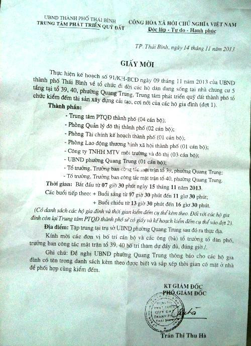 Giấy thông báo kiểm đếm tài sản tại chung cư