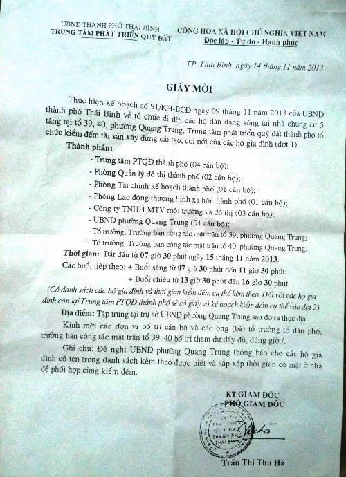 Giấy thông báo kiểm đếm tài sản tại chung cư