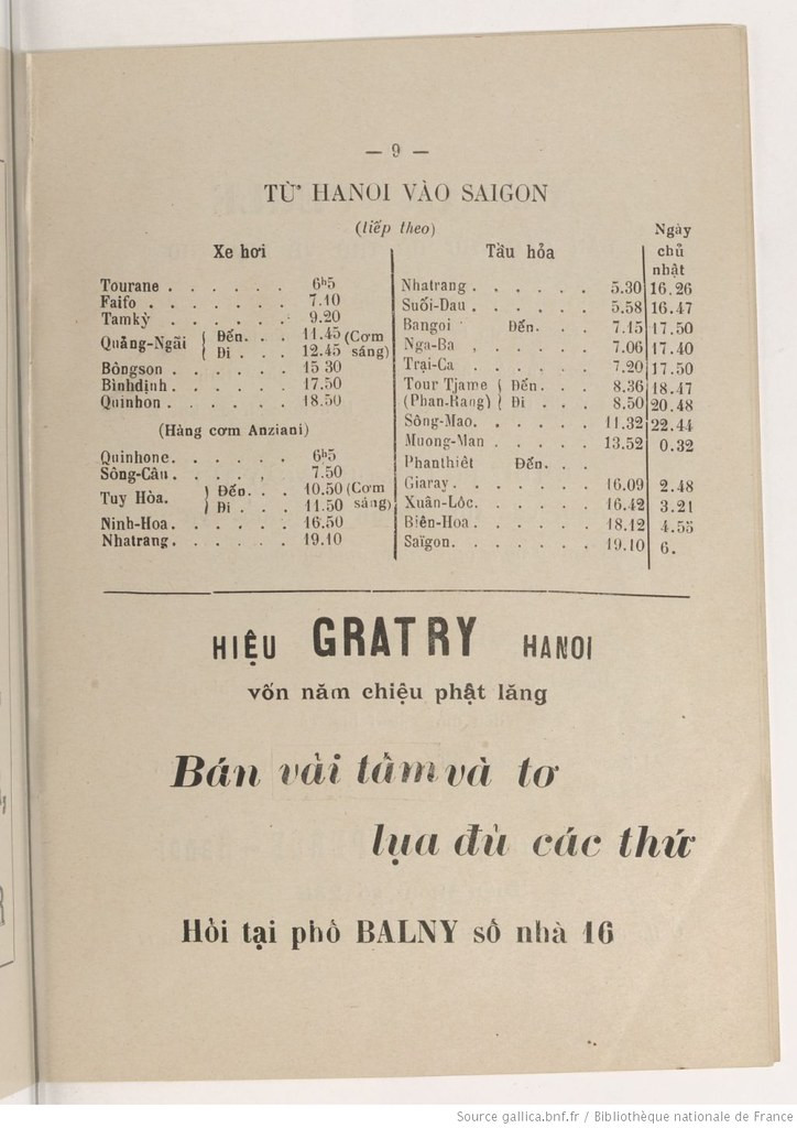 Cửa hiệu Gratry ở 16 phố Balny (nay là phố Trần Nguyên Hãn) có vốn "năm chiệu phật lăng" (franc, đồng tiền của Pháp), là nơi "bán vải tấm và tơ lụa đủ các thứ".