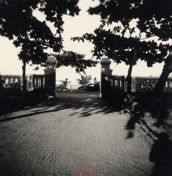 Từ trong sân của một biệt thự nhìn ra biển.