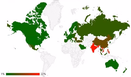 Biểu đồ thể hiện sự tương quan giữa giá iPhone 5S và GDP bình quân đầu người tính theo ngang giá sức mua trên toàn thế giới