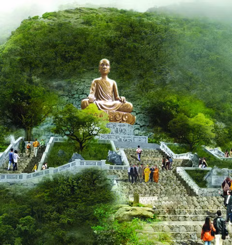 Tượng Phật hoàng Trần Nhân Tông tại Yên Tử sau khi hoàn thành. Tượng được tạo hình ở tư thế ngồi tĩnh tại, được đặt trang trọng tại khu vực tượng đá An Kỳ Sinh, dưới đỉnh chùa Đồng, trên độ cao hơn 1000m so với mực nước biển. Tượng có trọng lượng 138 tấn, chiều cao tính từ bệ 9,9m, được đúc liền khối bằng chất liệu đồng nhập khẩu từ Australia.