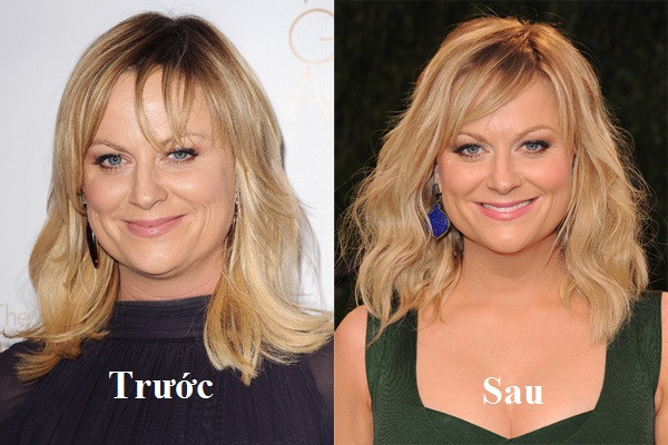 Thay vì để phần mái lòa xòa giống như trước, nữ diễn viên xinh đẹp Amy Poehler khéo léo kéo phần mái tóc lệch sang bên phải để “ăn gian” độ dài cho gương mặt.