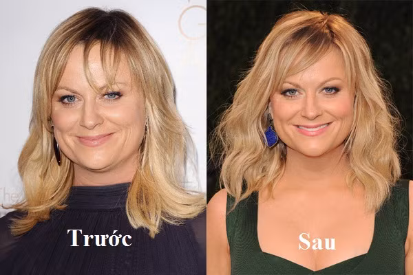 Thay vì để phần mái lòa xòa giống như trước, nữ diễn viên xinh đẹp Amy Poehler khéo léo kéo phần mái tóc lệch sang bên phải để “ăn gian” độ dài cho gương mặt.