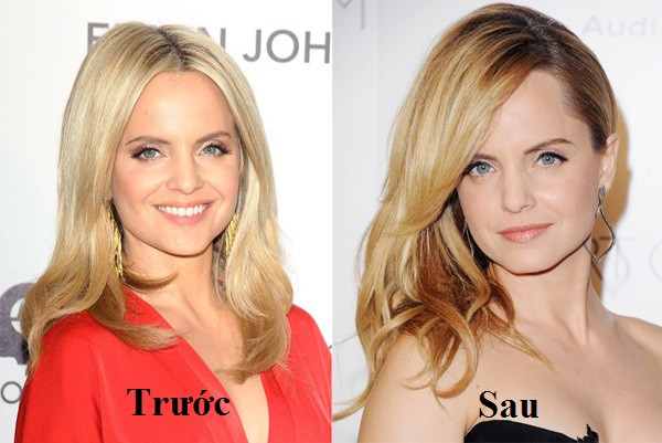 Người mẫu kiêm nữ diễn viên của Mỹ Mena Suvari phù hợp với kiểu tóc rẽ lệch sang bên và nhuộm với hai tông màu đối lập hơn kiểu tóc rẽ ngôi giữa và thả lọn hai bên.