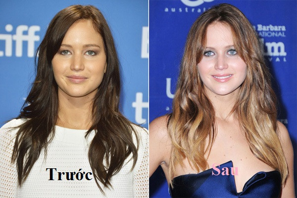 Mỹ nhân gợi cảm bậc nhất Hollywood, Jennifer Lawrence thay đổi mái tóc với chỉ một tông màu đen chủ đạo sang màu vàng nâu và nhuộm highlight ở phần đuôi khiến làn da trở nên sáng, tràn đầy sức sống hơn.
