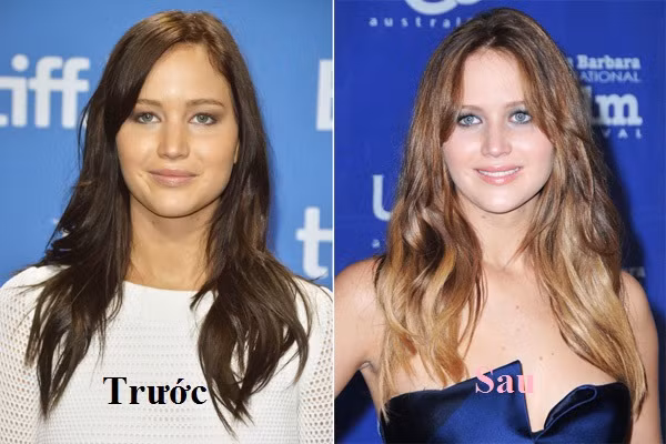 Mỹ nhân gợi cảm bậc nhất Hollywood, Jennifer Lawrence thay đổi mái tóc với chỉ một tông màu đen chủ đạo sang màu vàng nâu và nhuộm highlight ở phần đuôi khiến làn da trở nên sáng, tràn đầy sức sống hơn.