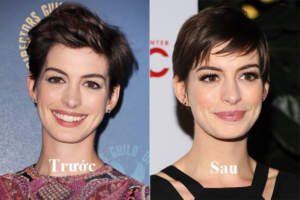 Vẻ xinh đẹp của ngôi sao Hollywood Anne Hathaway bị giảm đi đáng kể khi cô biến tấu mái tóc ngắn của mình bằng cách vuốt gel không khéo léo. Trông nữ diễn viên trẻ trung hơn hẳn sau khi thay đổi bằng cách hất lệch mái, kết hợp cùng lông mi giả dài thướt tha.