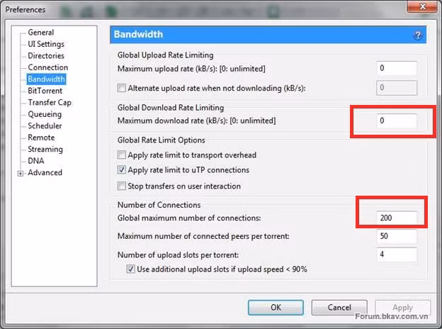  Cách 5: Tăng tốc cho Utorrent tải phim Bên cạnh đó, với máy dùng Utorrent để download, bước 1: Tốc độ download cao nhất có thể, bạn nên thiết lập bằng 90% tốc độ download thực tế, có thể để mức "0" (không giới hạn). Trong mục Maximum number of conection, để mức "200".