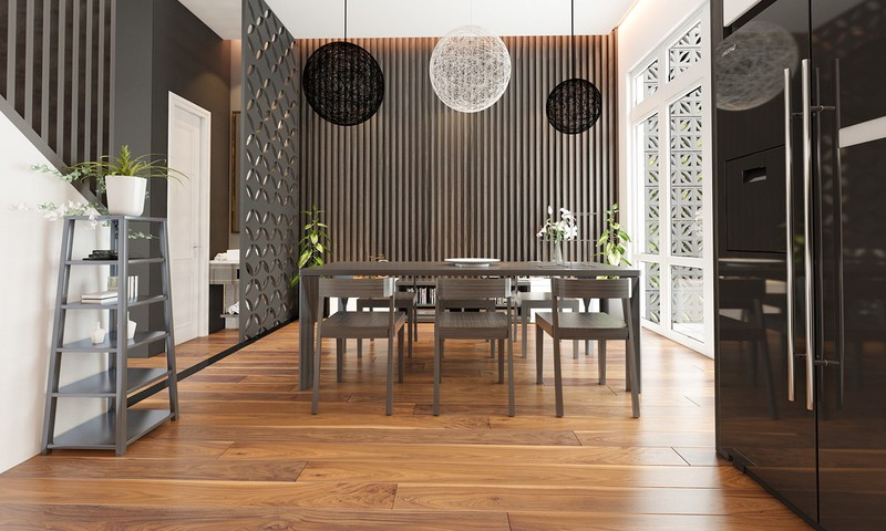 Nếu như trong phòng khách, gia chủ chọn tông màu trắng làm yếu tố chính thì phòng ăn lại ngược lại.