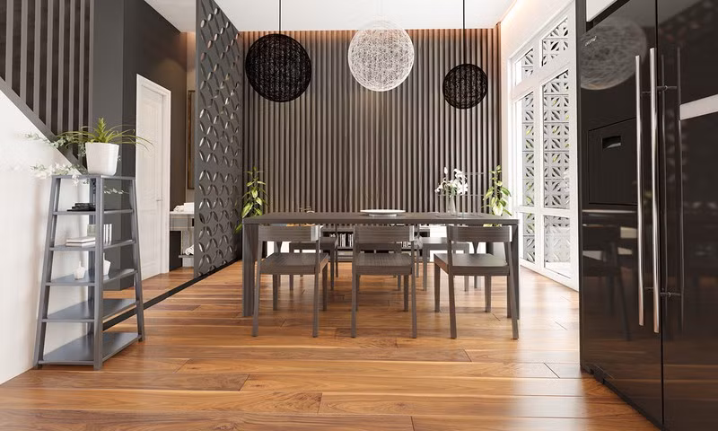 Nếu như trong phòng khách, gia chủ chọn tông màu trắng làm yếu tố chính thì phòng ăn lại ngược lại.