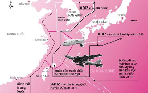 Các ADIZ chồng lấn nhau ở khu vực Đông Bắc Á.