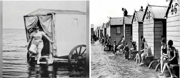 4. Máy tắm biển: Vào thế kỉ XIX, việc tắm biển đã trở thành nhu cầu, thú vui giải trí cho người dân. Để chống lại lễ giáo ngăn cấm, họ đã phát minh ra máy tắm biển, một thiết bị phổ biến cho cả nam và nữ đi tắm biển. Máy tắm biển là một cỗ xe gỗ, có buồng thay đồ, khi muốn tắm biển họ kéo cỗ xe xuống biển và bơi xung quanh. Các “máy tắm biển” được quây lại với nhau để ngăn cách bãi tắm nam với nữ.