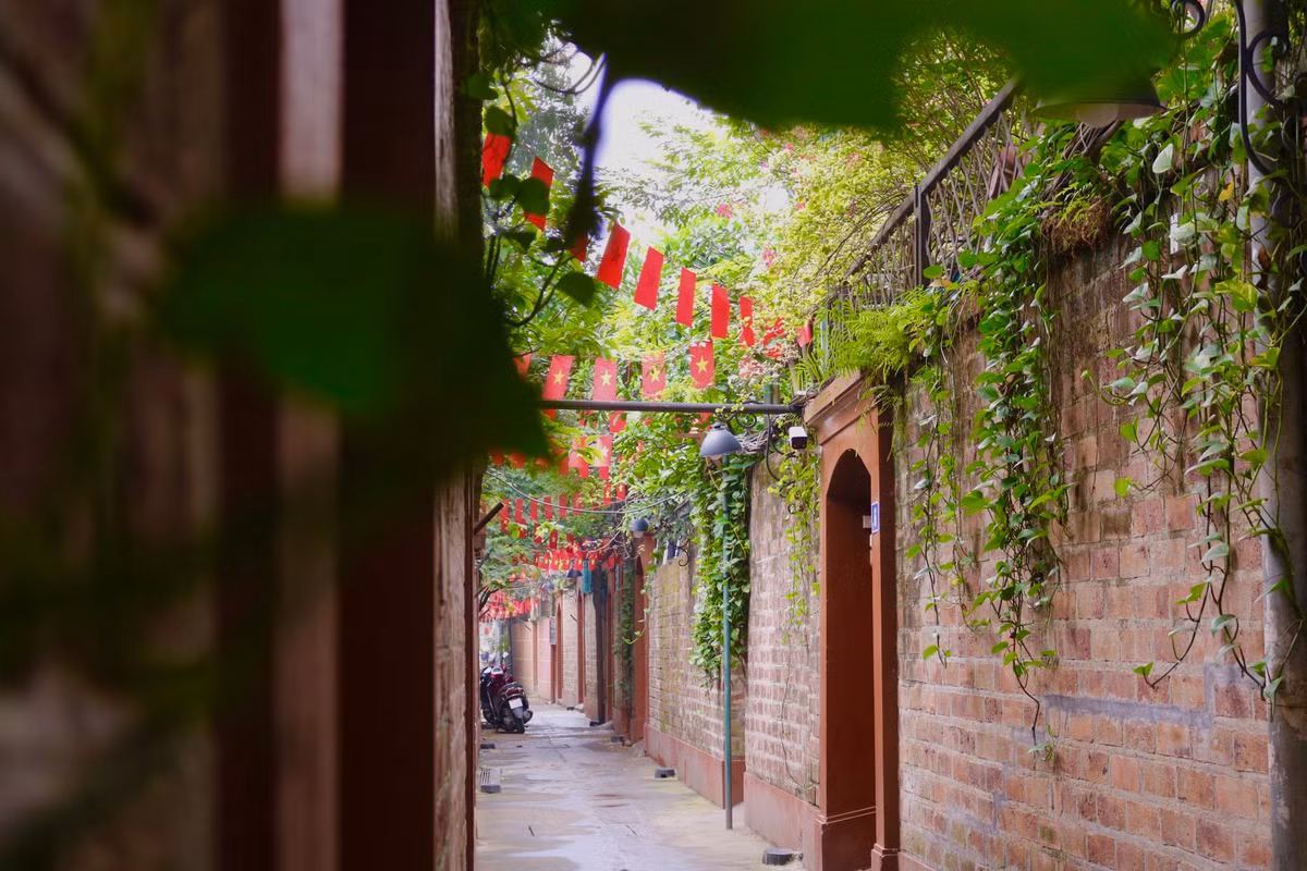 Những chiếc cổng được sơn màu tùy thích của gia chủ, có đỏ, nâu và cả xanh nhưng màu nâu sẽ chiếm phần lớn. Tại đây, người dân còn bài trí trên những lá cờ Tổ quốc khiến cho con ngõ nhỏ trở nên lung linh, bắt mắt hơn.