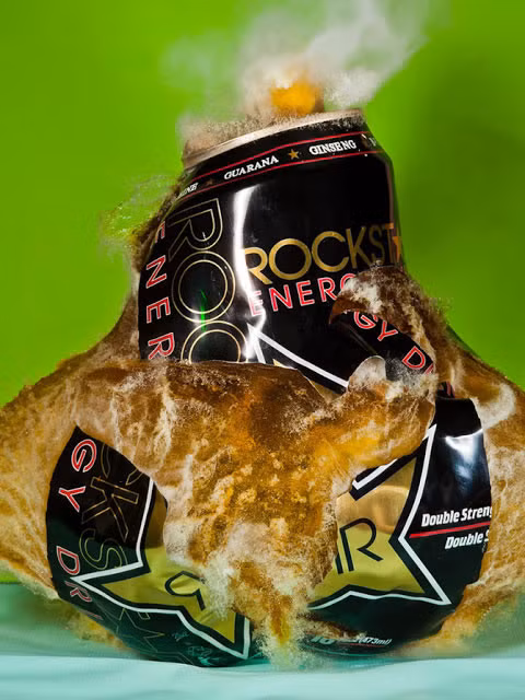 Hình ảnh một lon nước tăng lực nổ tung.