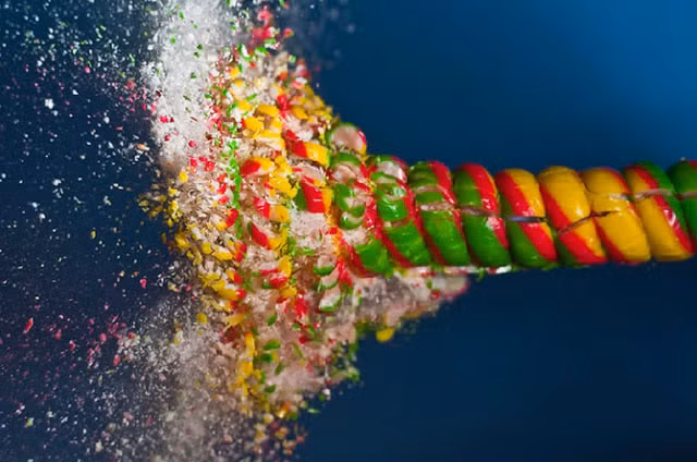 Cây kẹo bị vỡ vụn thành nhiều mảnh nhỏ.