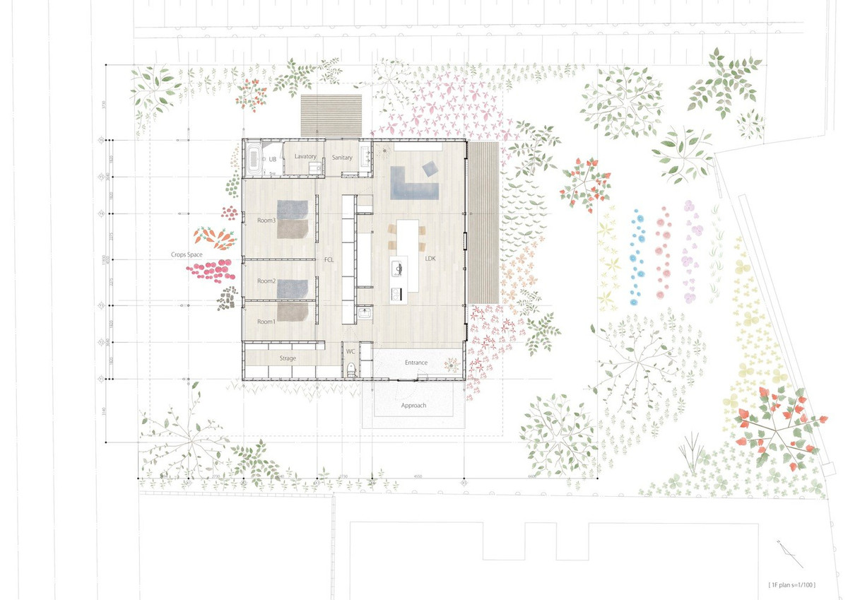 Dựa trên bản vẽ, ngôi nhà được thiết kế tối ưu không gian với 3 phòng nhỏ được ngăn cách bởi các bức tường gỗ có thể dùng để lưu trữ đồ đạc, 1 phòng tắm lớn, 1 nhà vệ sinh nhỏ và khu sinh hoạt chung.