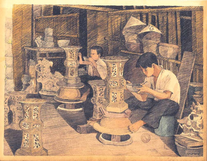 br/> Cũng là nghề thủ công, bức ký họa này vẽ những người thợ tráng men gốm.