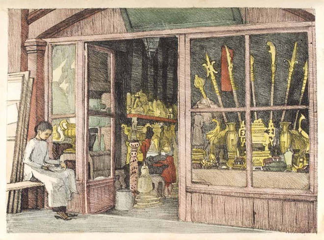 br/> Tiệm bán đồ mỹ nghệ tại Sài Gòn trong một bức ký họa.