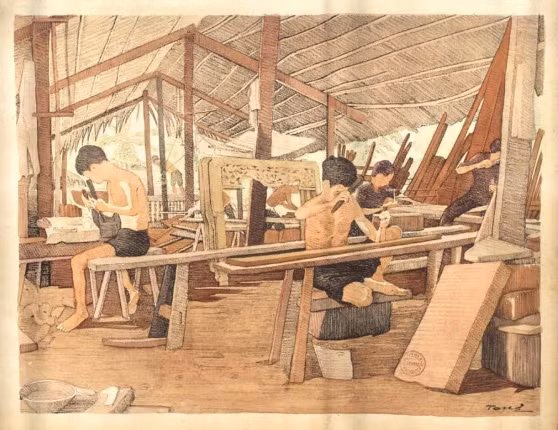 Bên cạnh nghề dệt chiếu, đan võng còn có các nghề thủ công khác như nghề mộc. Trong ảnh là bức ký họa những người thợ đóng đồ gỗ và thợ khắc gỗ ở một xưởng mộc.