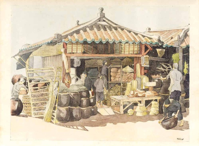 br/> Không chỉ vẽ những nghệ nhân, người thợ làm nghề truyền thống, bộ tranh còn vẽ những sản phẩm thủ công mỹ nghệ này được đem ra bán ở các tiệm, các cửa hàng trên thành phố. Trong ảnh là bức ký họa về một tiệm bán đồ gốm sứ, chai, lọ… trên bến Chương Dương ở Sài Gòn.