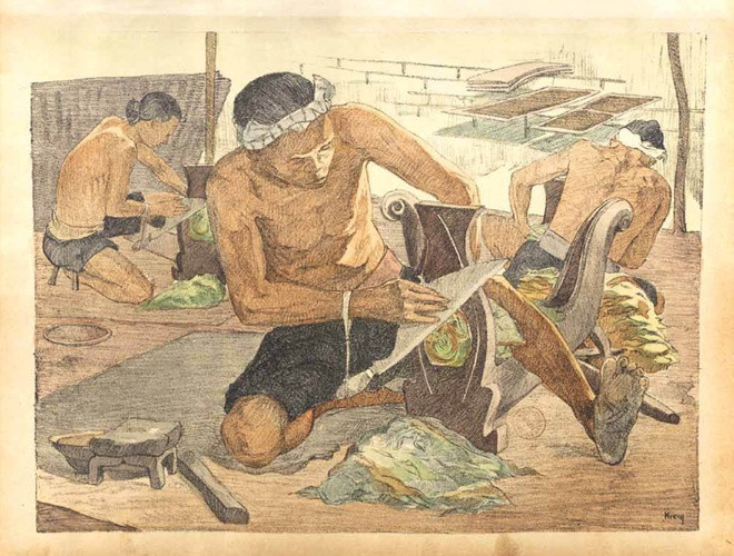 br/> Ngoài những nghệ nhân, người thợ, những cửa hàng bán các mặt hàng thủ công mỹ nghệ, bộ tranh còn có những bức ký họa vẽ những nghề lao động khác. Trong bức ký họa, những người phu thợ đang cắt lá thuốc lá.