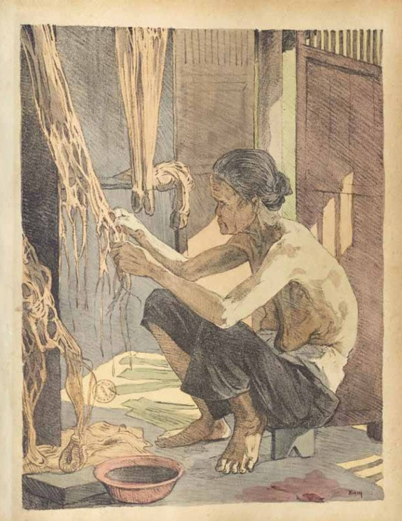 Gần với nghề dệt chiếu là nghề đan võng. Trong ảnh là bức ký họa một người phụ nữ lớn tuổi đang làm công việc này.